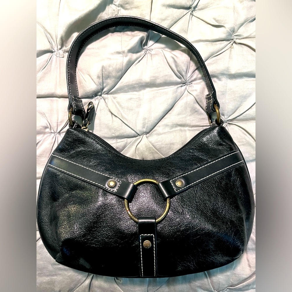 Tommy Hilfiger Small Black Hobo Bag with Red Lining and Gold/Bronze Accents